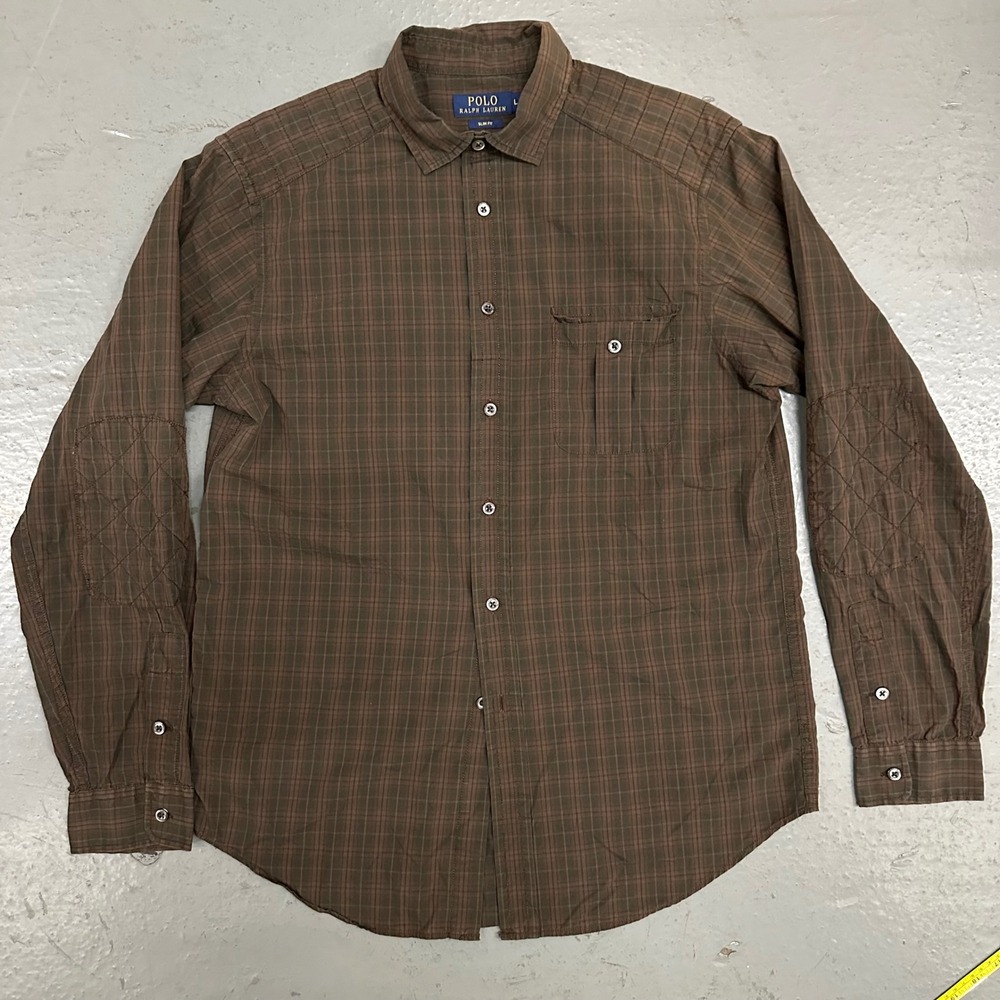 Polo Ralph Lauren Mens Slim Fit Button Up Shirt Large Brown Plaid Preowned